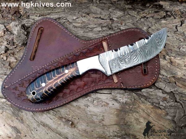 Hugh Glass Damascus Cowboy Knife with Pancake Leather Sheath.