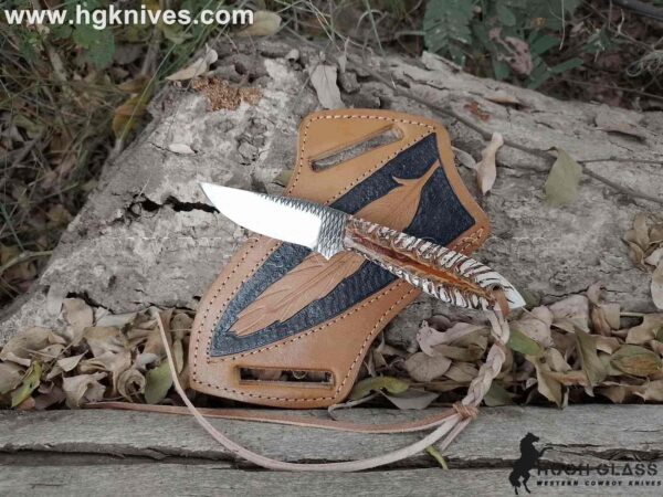 Handmade Cowboy Knife by Hugh Glass with Pine Cone Handle & cross draw leather sheath.