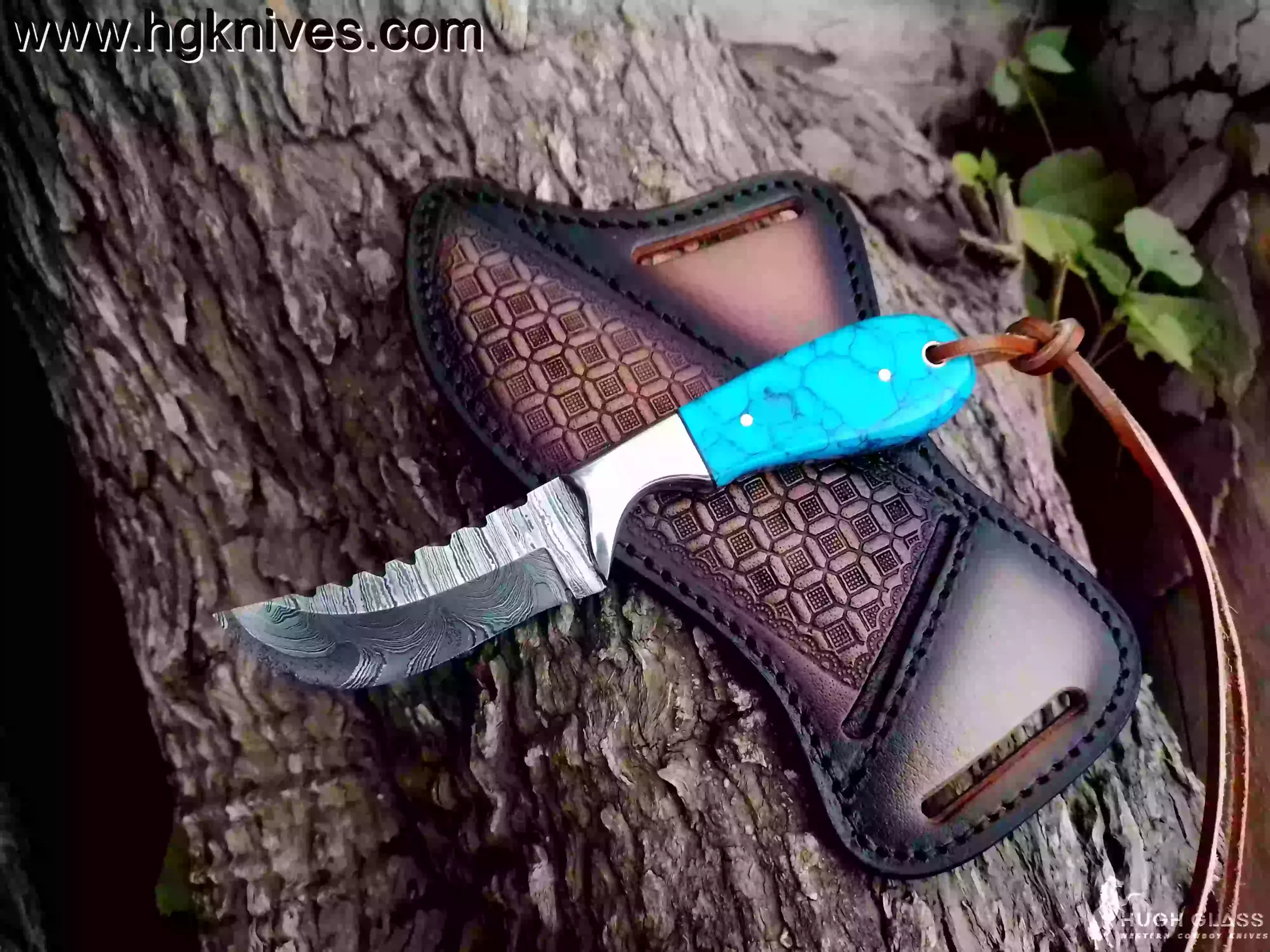 Hand-Forged Custom Cowboy Knife with Damascus Steel Blade and Recon Stone Handle.