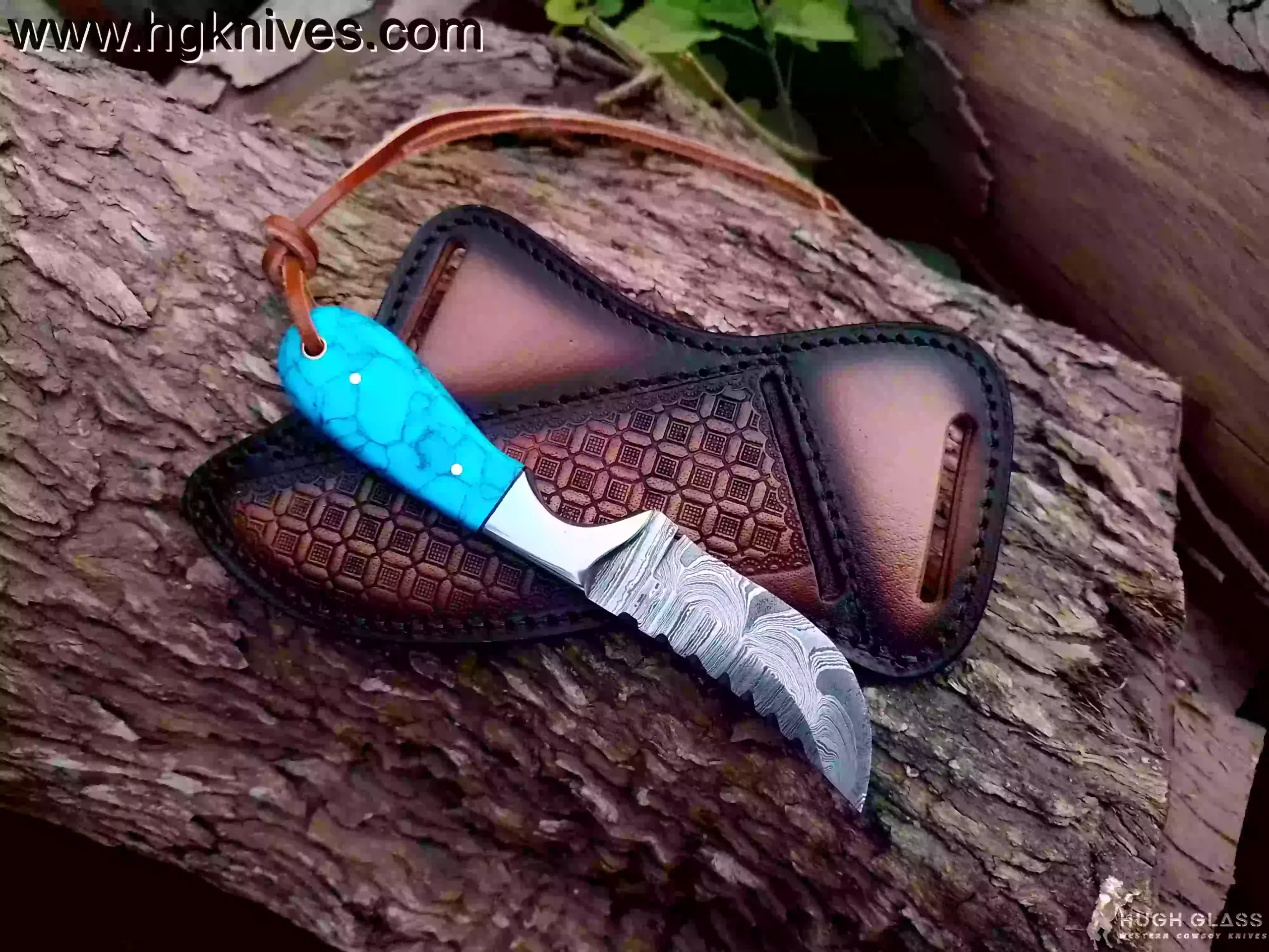 Full Tang Damascus Hunting Knife with Cowhide Leather Pancake Cross-Draw Sheath