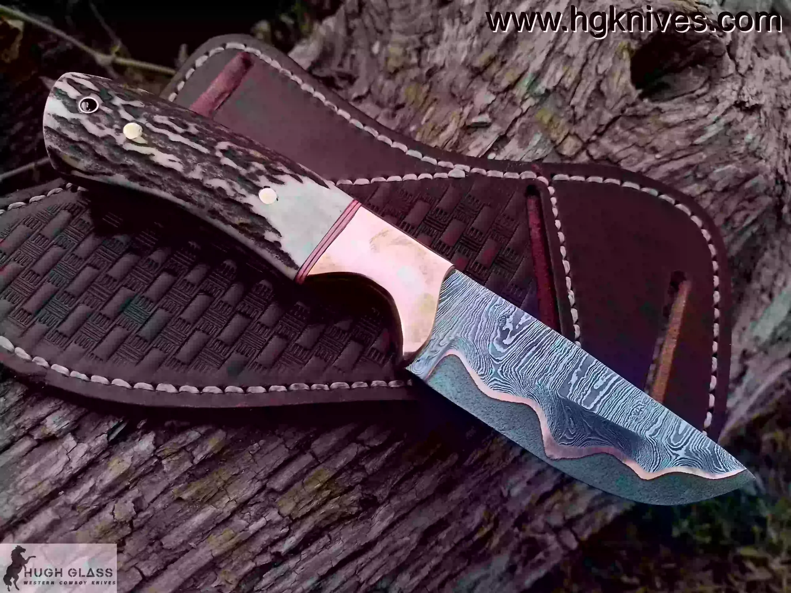 Custom Cowboy Knife with Copper Damascus blade and stag handle, full view with pancake cross-draw sheath.