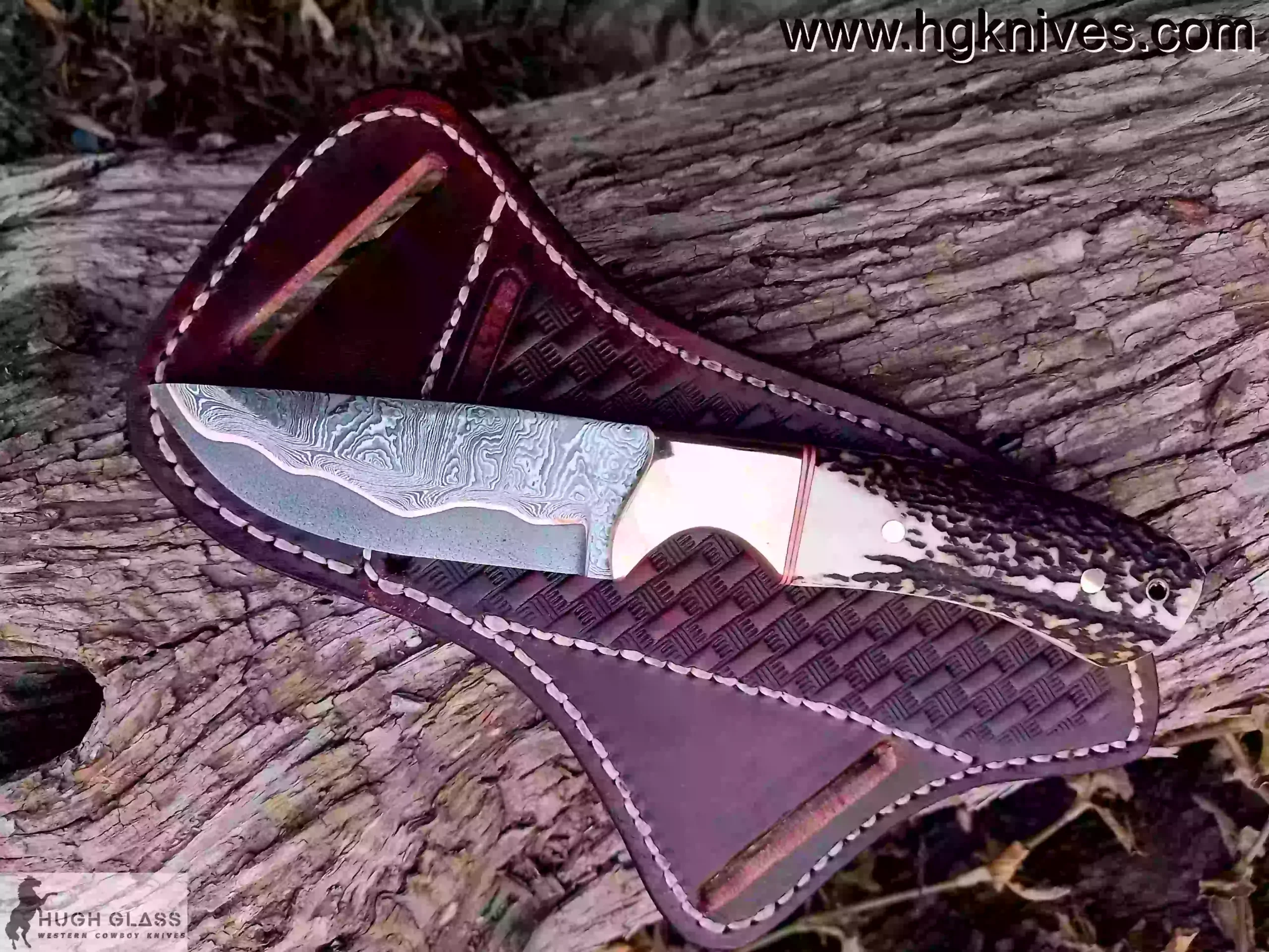 Rugged Custom Cowboy Knife used for bushcraft/hunting, highlighting the natural stag handle and drop point.