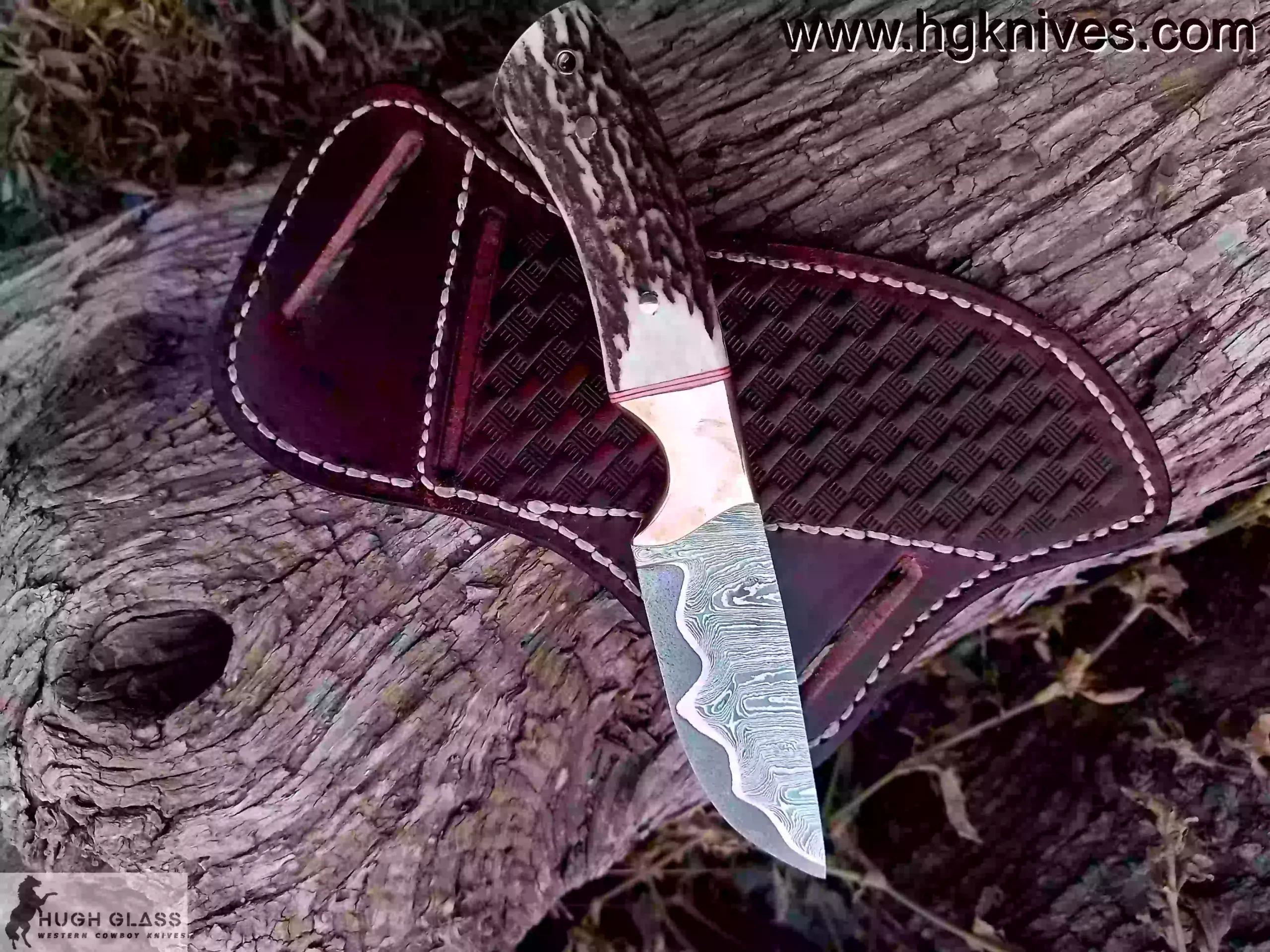 Rugged Custom Cowboy Knife used for bushcraft/hunting, highlighting the natural stag handle and drop point.