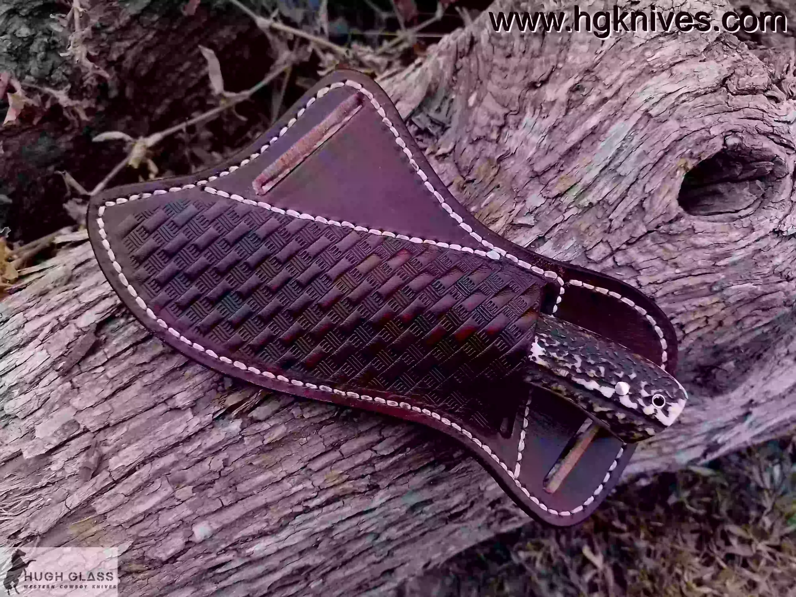 Custom Cowboy Knife with Copper Damascus blade and stag handle, full view with pancake cross-draw sheath.