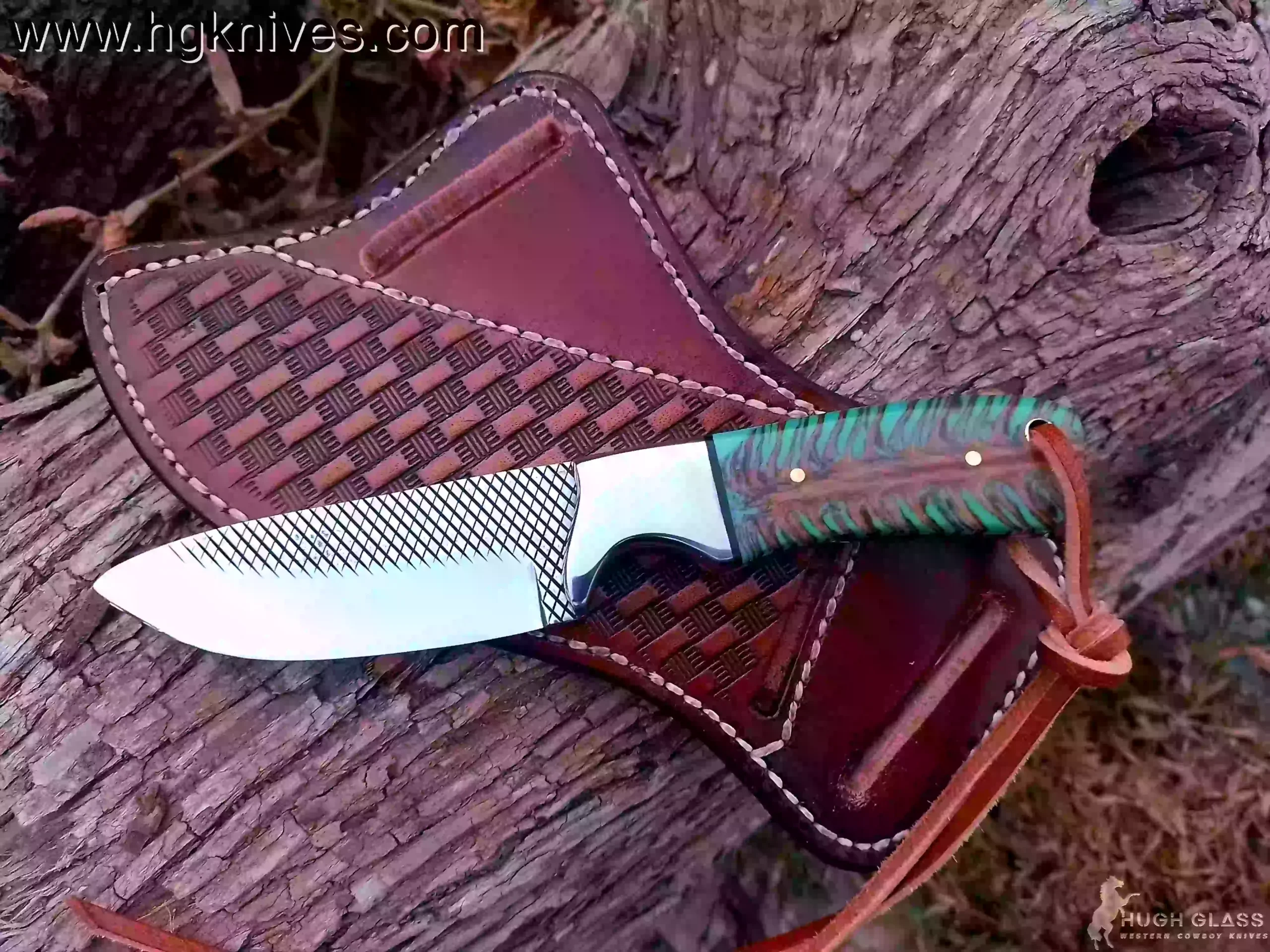 Custom Cowboy Knife with hand-forged Damascus steel blade and unique Pine Cone handle, shown next to the Pancake style cross-draw leather sheath.