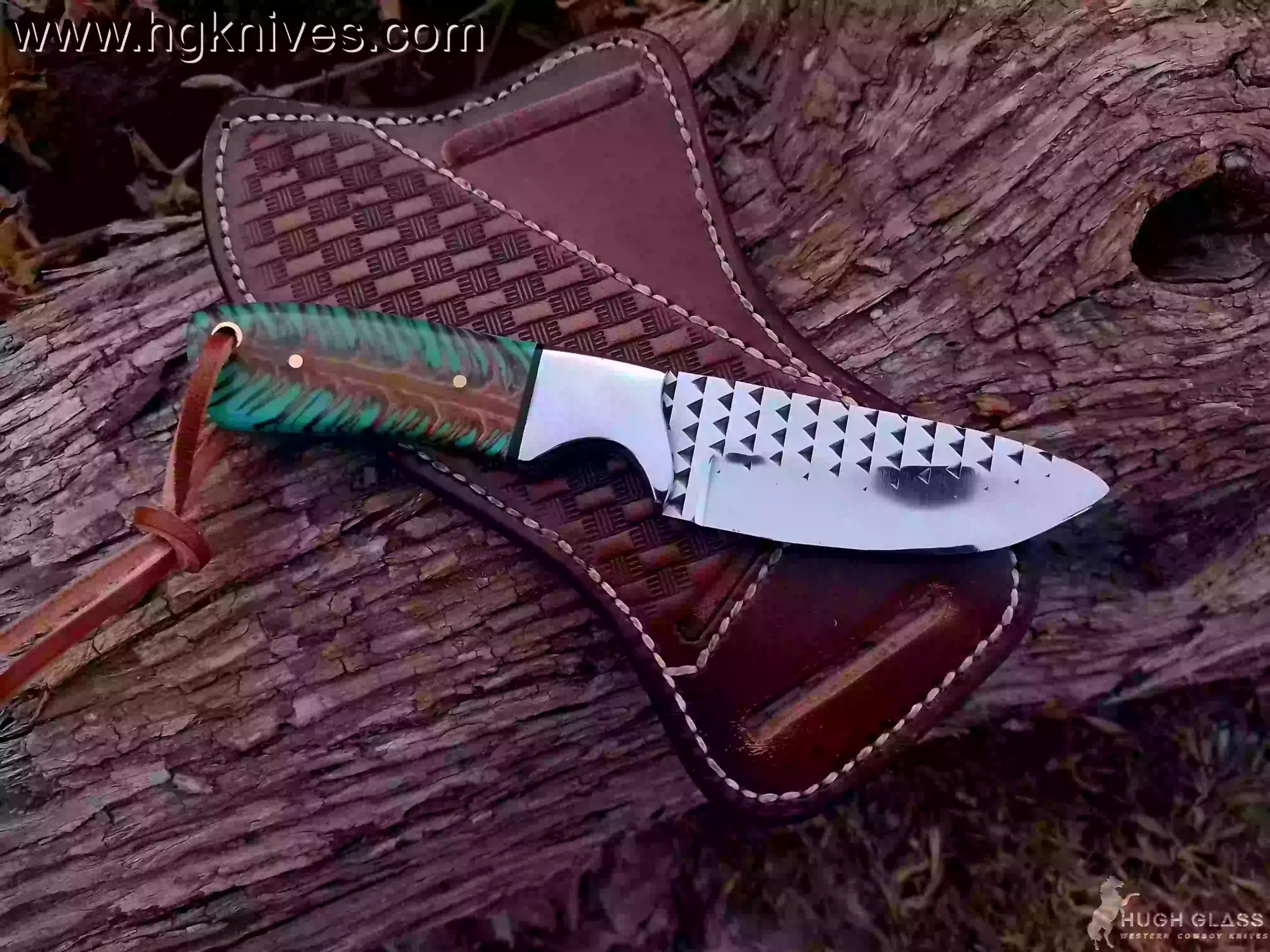 Custom Cowboy Knife with hand-forged Damascus steel blade and unique Pine Cone handle, shown next to the Pancake style cross-draw leather sheath.
