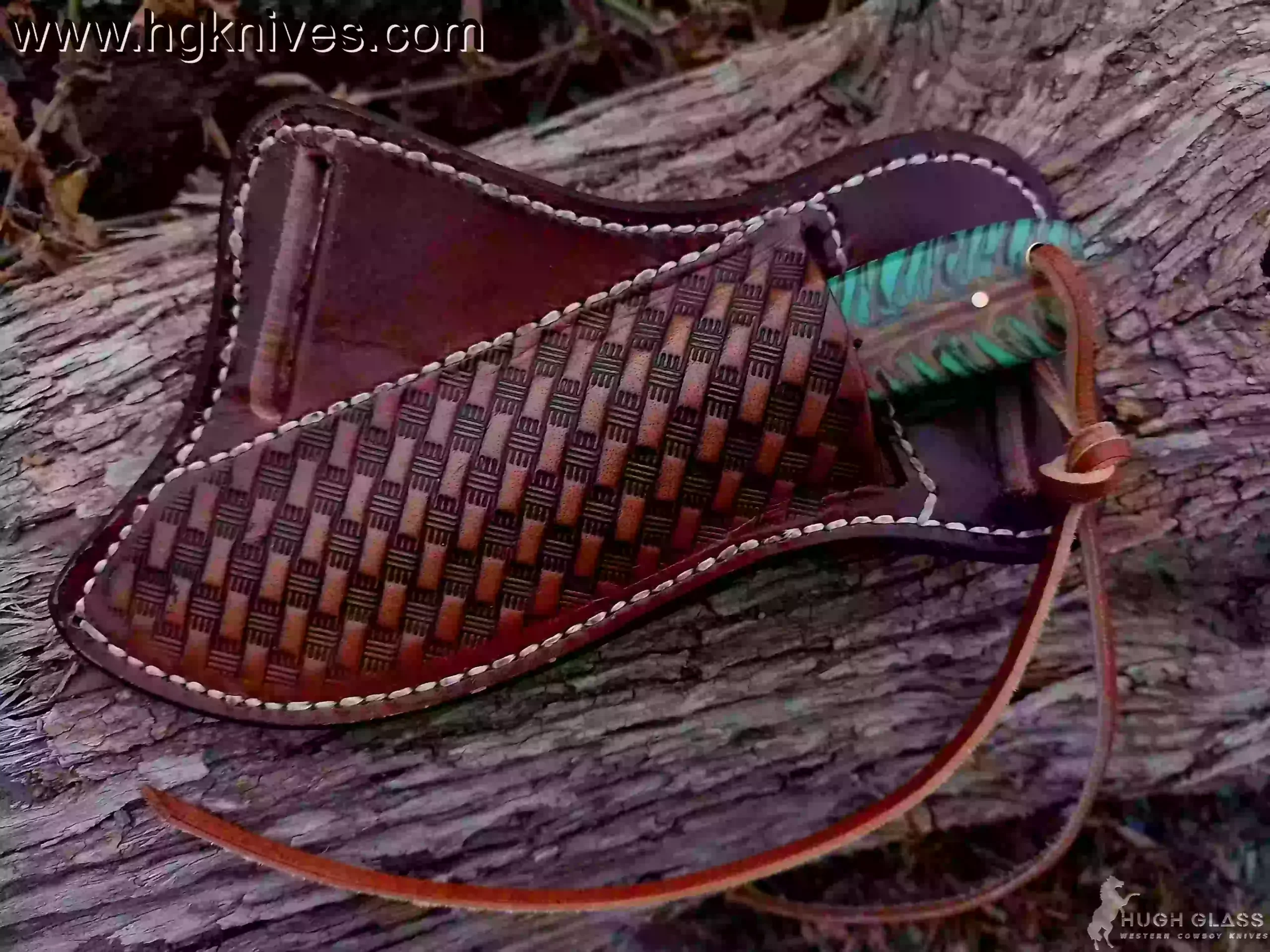 Custom Cowboy Knife with hand-forged Damascus steel blade and unique Pine Cone handle, shown next to the Pancake style cross-draw leather sheath.