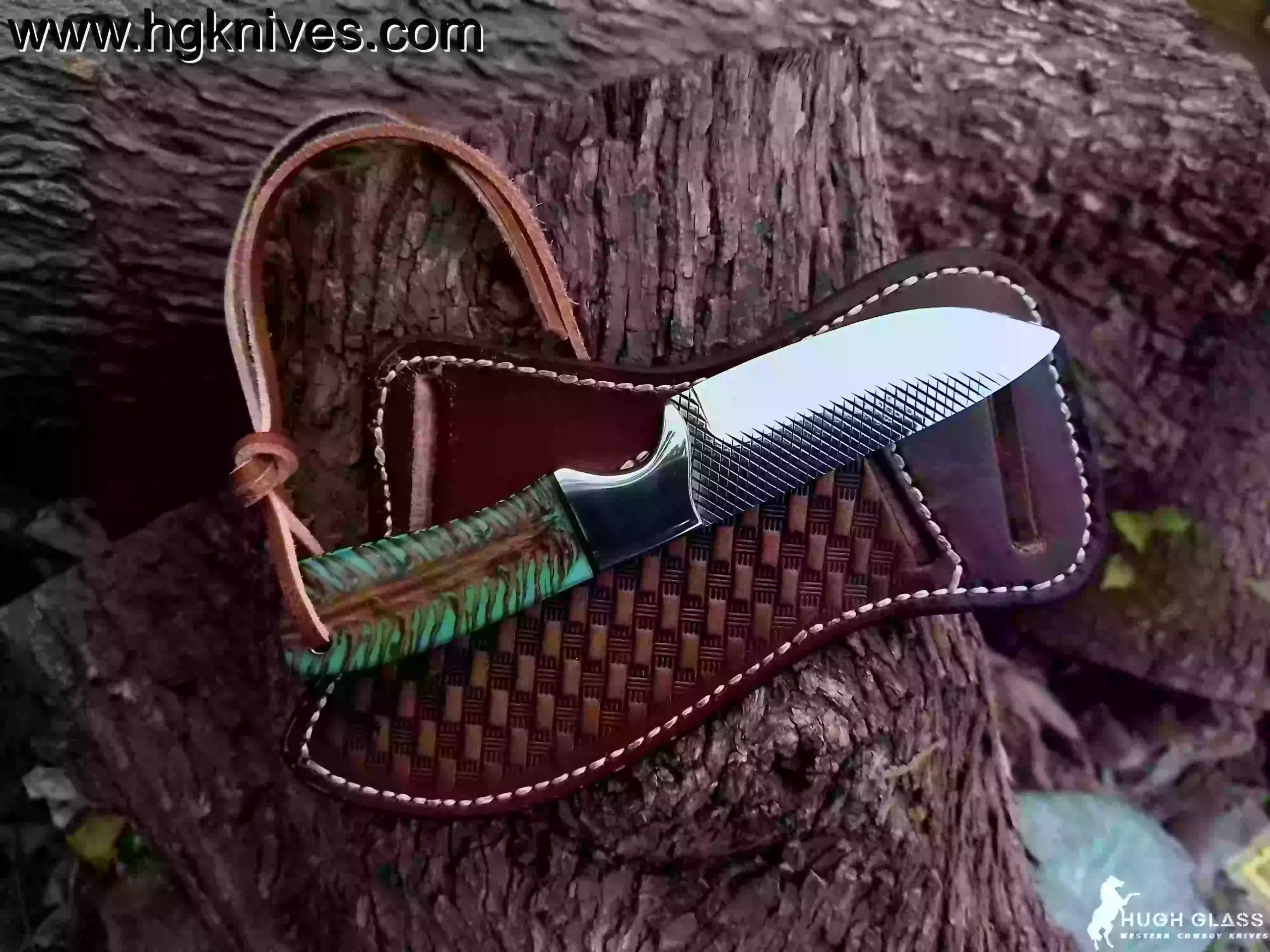 Custom Cowboy Knife with hand-forged Damascus steel blade and unique Pine Cone handle, shown next to the Pancake style cross-draw leather sheath.