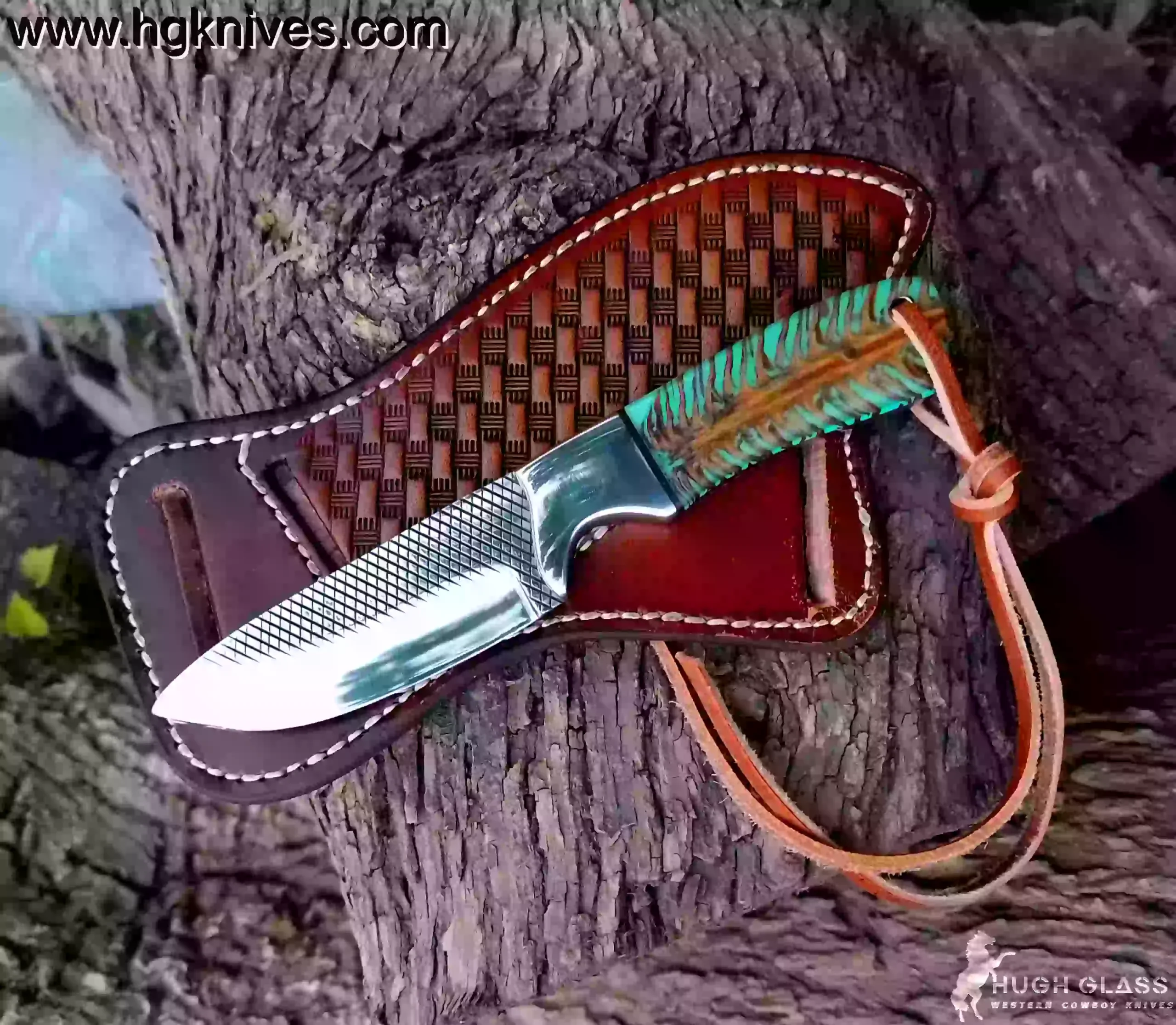 Custom Cowboy Knife with hand-forged Damascus steel blade and unique Pine Cone handle, shown next to the Pancake style cross-draw leather sheath.