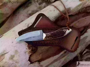 HG Knives Cowboy Knife with Stag Handle and Farrier Rasp Blade in Leather Pancake Sheath.