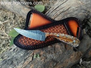 Raindrop Damascus steel Cowboy knife stabilized pinecone handle